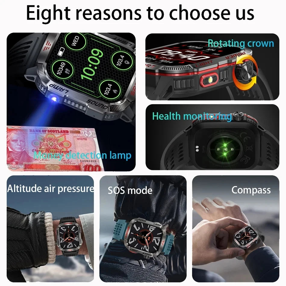 2024 New Android Military Smartwatch For Men LED Flashlight Compass IP68 Waterproof Activity Tracker Bluetooth Talk Smartwatch