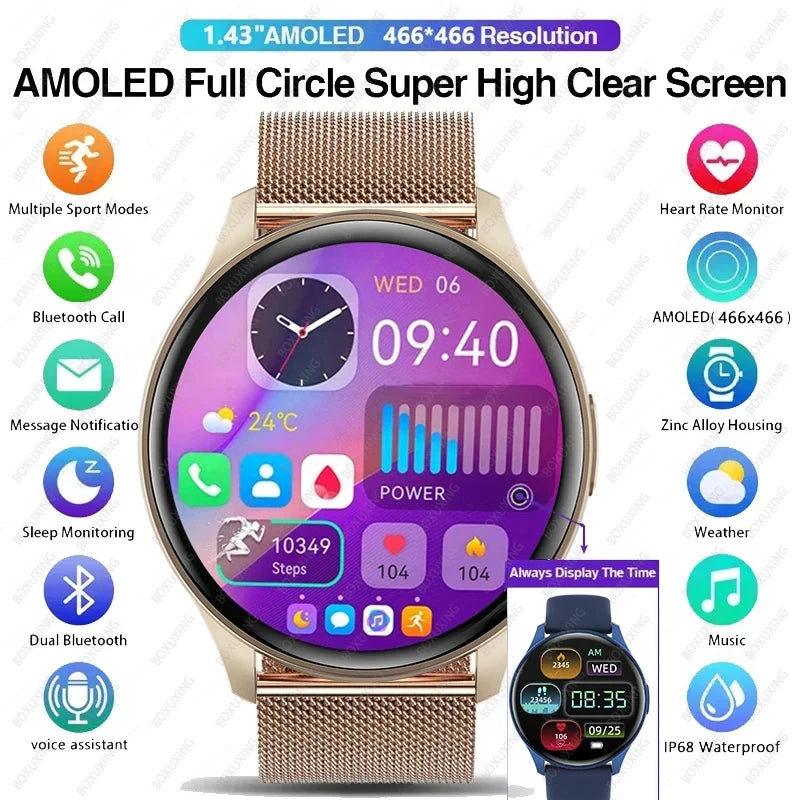 2024 New Bluetooth Call Smart Watch Women Men 1.43" AMOLED 466*466 HD Screen Health Monitor Waterproof Sports Smartwatch Woman