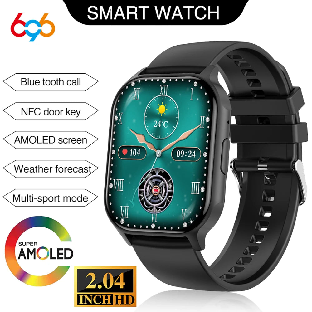 2024 New 2.04" AMOLED HD Screen Blue Tooth Call Smart Watch Sports Fitness Heart Rate Men Women NFC Music Waterproof Smartwatch