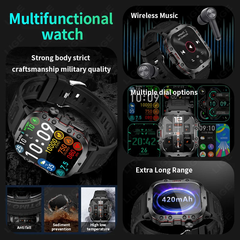 LIGE 2024 Men Smartwatch Bluetooth Call SOS Sport Watch Voice Assistant 3ATM IP68 Waterproof Smart Watches Men Relogio Masculino