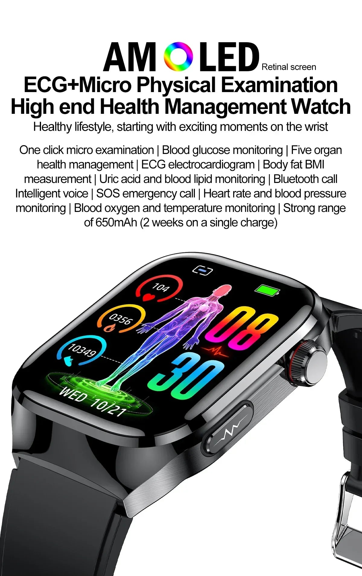 2024 New Medical Grade Health Smart Watch for Women Men Blood Sugar Fat Uric Acid Monitoring HD AMOLED Bluetooth Call smartwatch