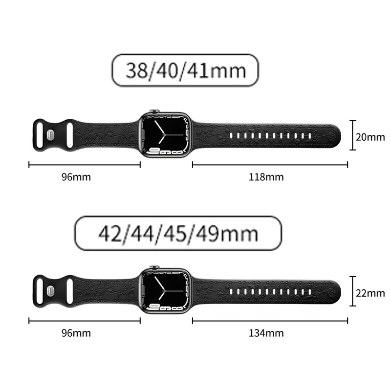 Flower Engraved Strap For Apple Watch Band 44mm 45mm 41mm 40mm 49mm 38mm 42mm Bracelet iwatch series 9 se 8 7 6 5 4 3 ultra 2