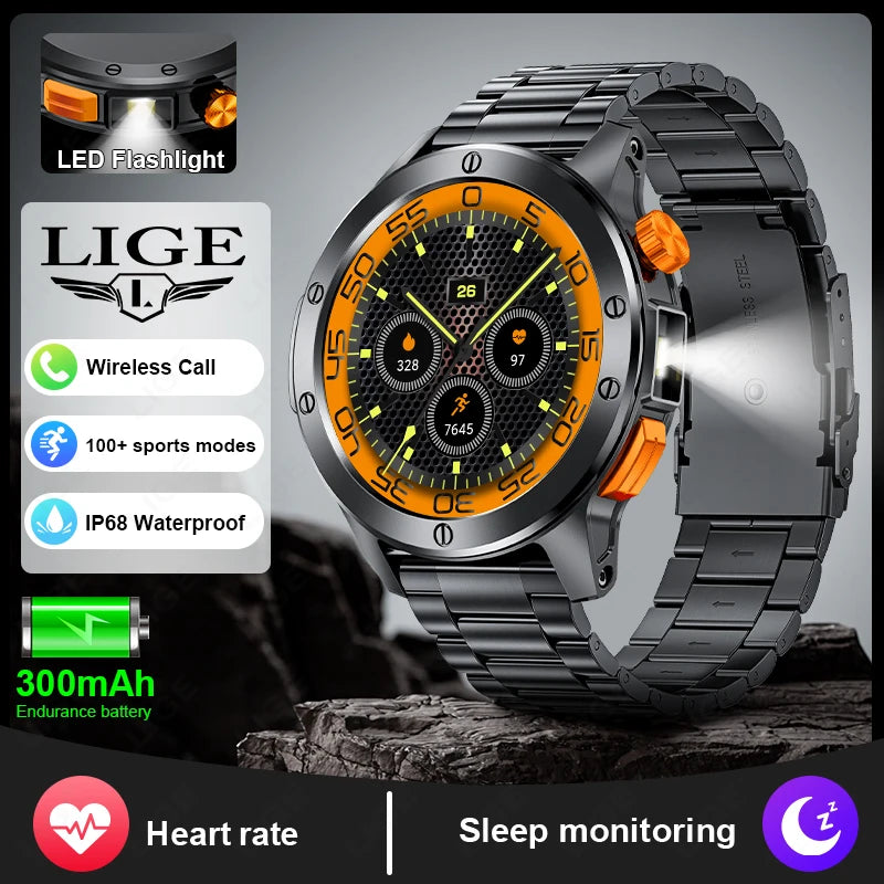 2024 New Smart Watch AMOLED Smart Watch Men with Flashlight Sports Waterproof Fitness Tracker Bluetooth Call Smartwatch Man+Box