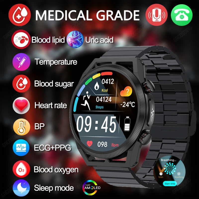 2024 New Uric Acid Non invasive Blood Glucose Smart Watch Mens Bluetooth Call Blood Lipid Blood Oxygen Blood Pressure Smartwatch