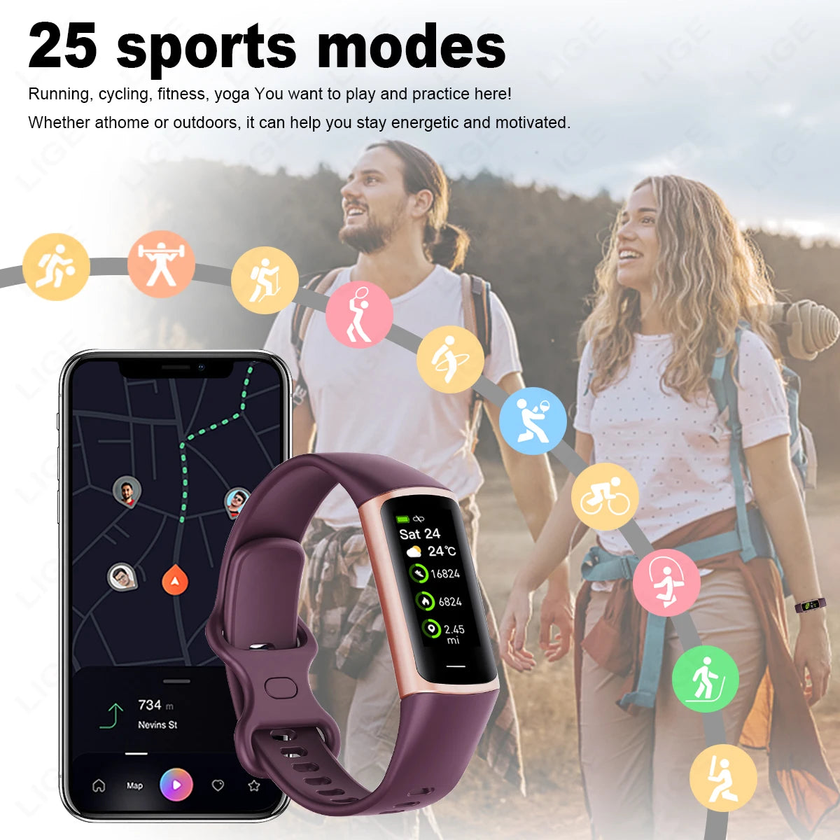 LIGE 2024 Smart Wristband Sport Fitness Heart Rate Tracker Smartwatch AMOLED Screen Waterproof Smart Bracelet For Men Women New