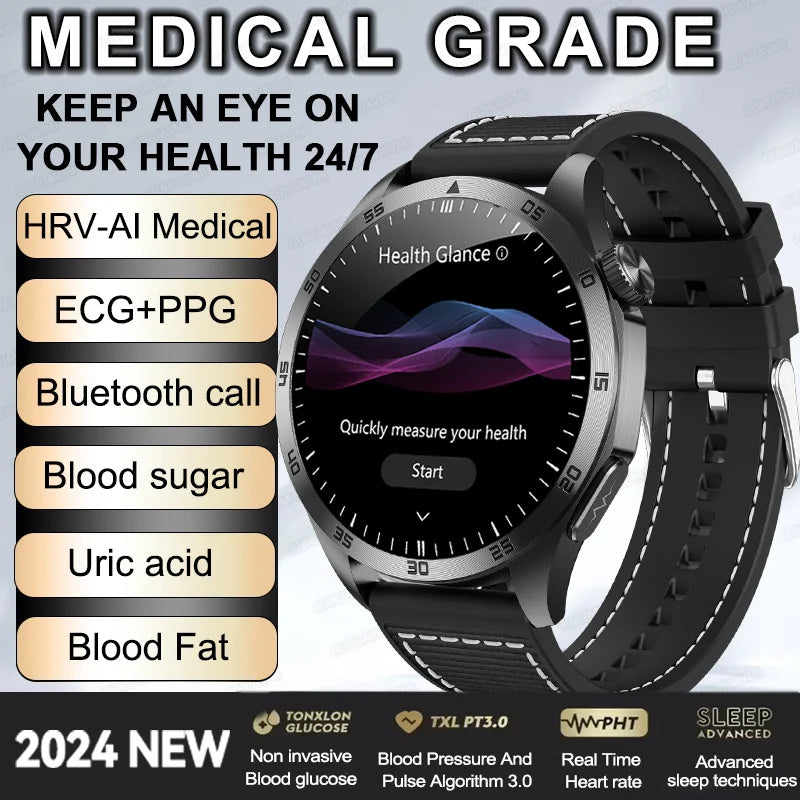 2024 New Accurate Measure Blood Sugar Lipids Uric Acid Smart Watch Men ECG Blood Pressure Health SmartWatches For Android Xiaomi