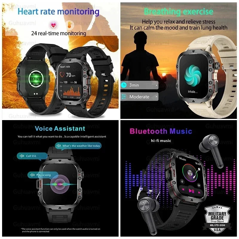 Rugged Military Smart Watch Men For Huawe ios Ftiness Watches Ip68 Waterproof AI Voice Bluetooth Call Smartwatch 2024 New Man