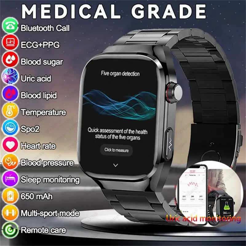 2024 New ECG+PPG Medical Grade Smart Watch Men Blood Glucose Blood Lipid Uric Acid Monitoring Bluetooth Call Health Smartwatches