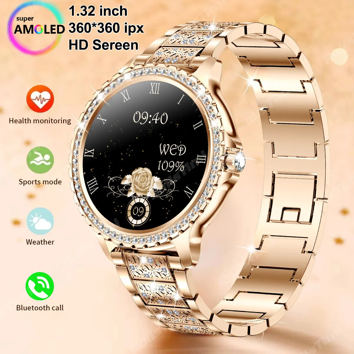 2024 New Gold Luxury Smart Watch Women 1.32Inch HD Screen Sports Custom Dial Heart Rate Voice Call Smart watch For Gift Ladies