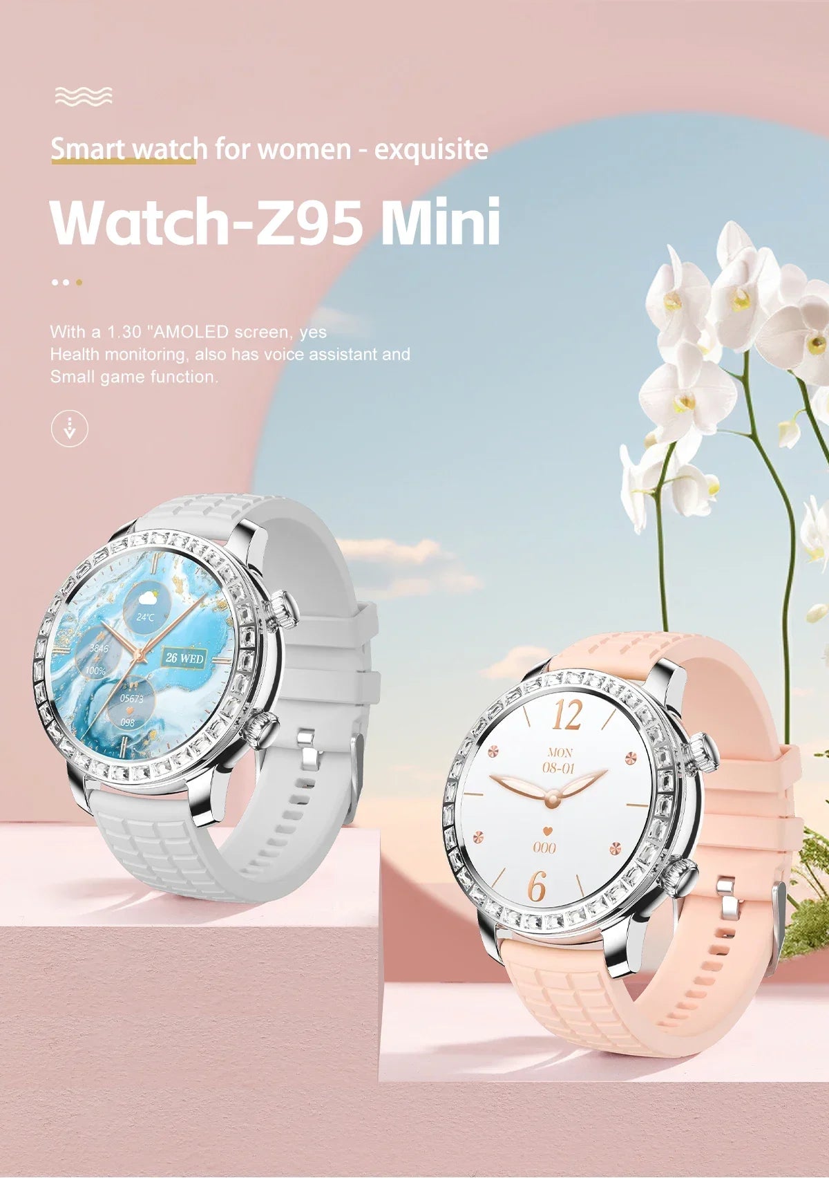 Smartwatch Z95 Mini Round Fashion Amoled Smart Watch Luxury Women'S Ladies Wrist Touch Screen Watch Set For Women Girl 2024