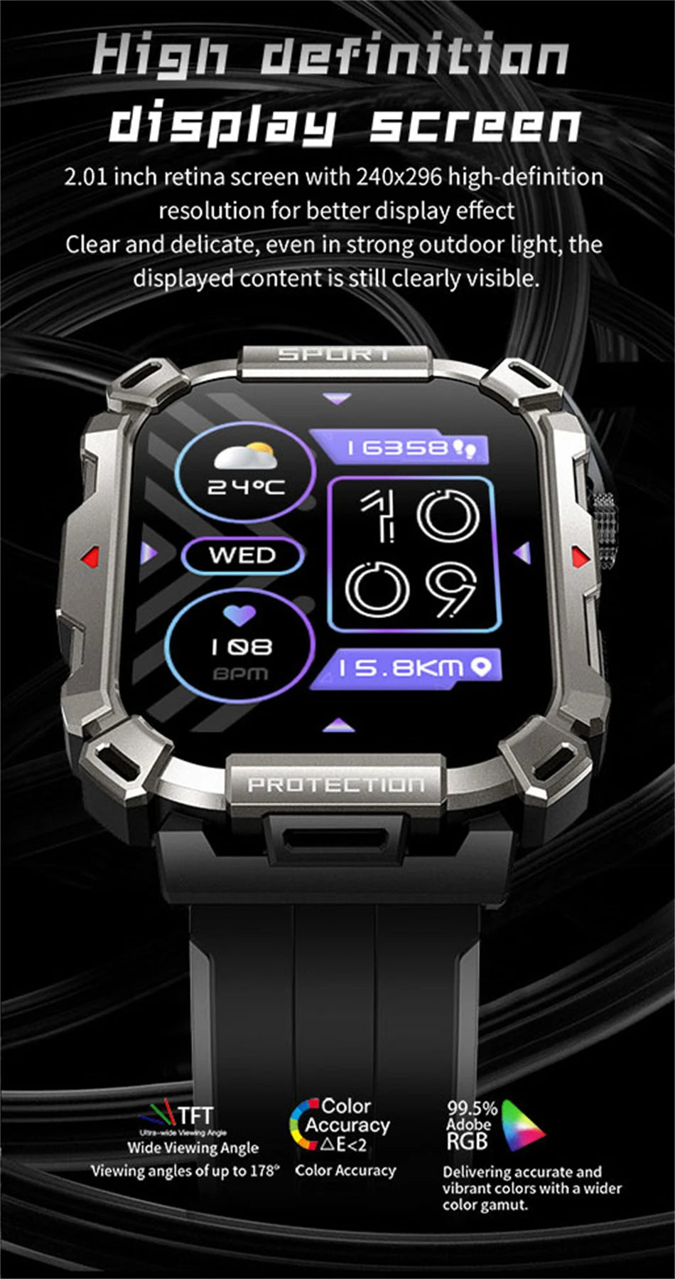 2.01 Inch HD Screen Smartwatch Men Health Monitoring Sports Fitness Tracker IP68 Waterproof Smart Watch 2024 New For Android IOS