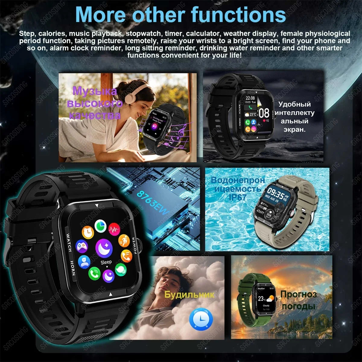 2024 Smart Watch Men Blood Glucose Bracelet Fitness Tracker Sports Watch Bluetooth Call Smart Clock Blood pressure Smartwatch