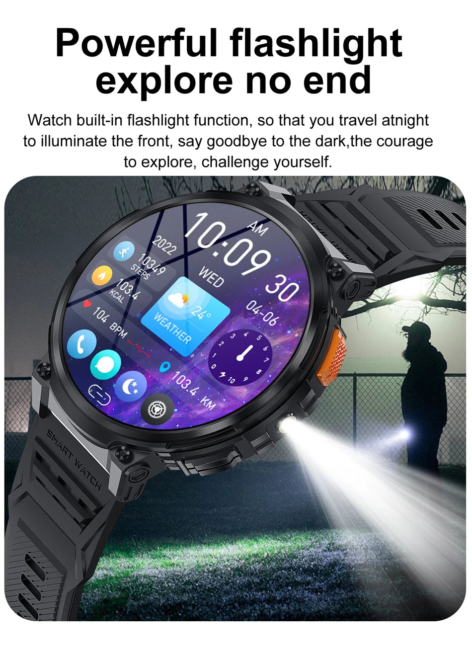 2024 Smart Watch Men 1.85'' Screen Outdoor Sport Heart Rate Flashlight Watch 730mAh Battery Waterproof Wireless Call Smartwatch