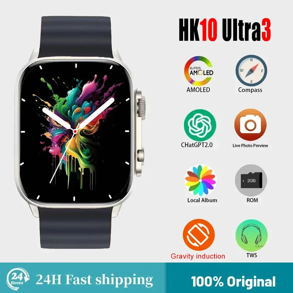 HK10 Ultra 3 AMOLED Gen5 2024 Smart Watch Men Women ChatGPT Local Album Compass Gravity Sensing 3D Menu Smartwatch HK9 Upgraded