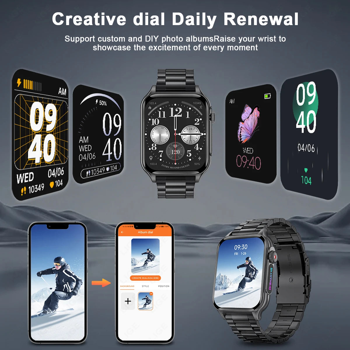 LIGE 2024 LED Flashlight Outdoor Sports Smartwatch 1.96'' HD Screen Bluetooth Call Waterproof Men Smart Watches Health Bracelets