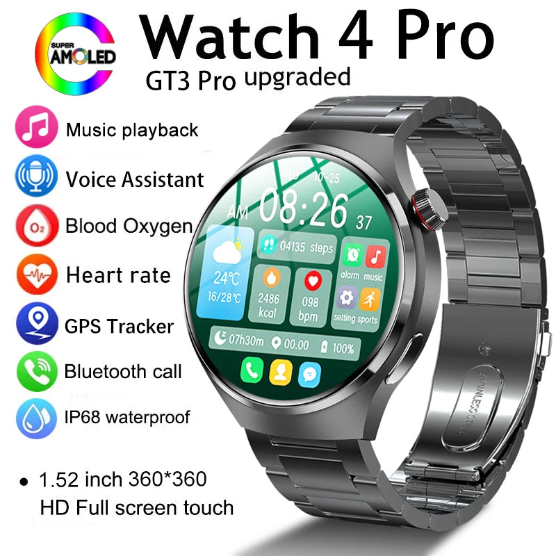 2024 New GT4 Pro GPS Smart Watch Men AMOLED HD Screen Bluetooth Call IP68 Waterproof Heart Rate Rugged Military Smartwatch Woman