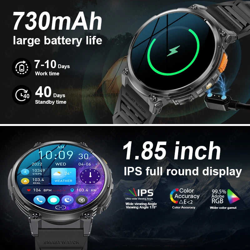 2024 Smart Watch Men 1.85'' Screen Outdoor Sport Heart Rate Flashlight Watch 730mAh Battery Waterproof Wireless Call Smartwatch