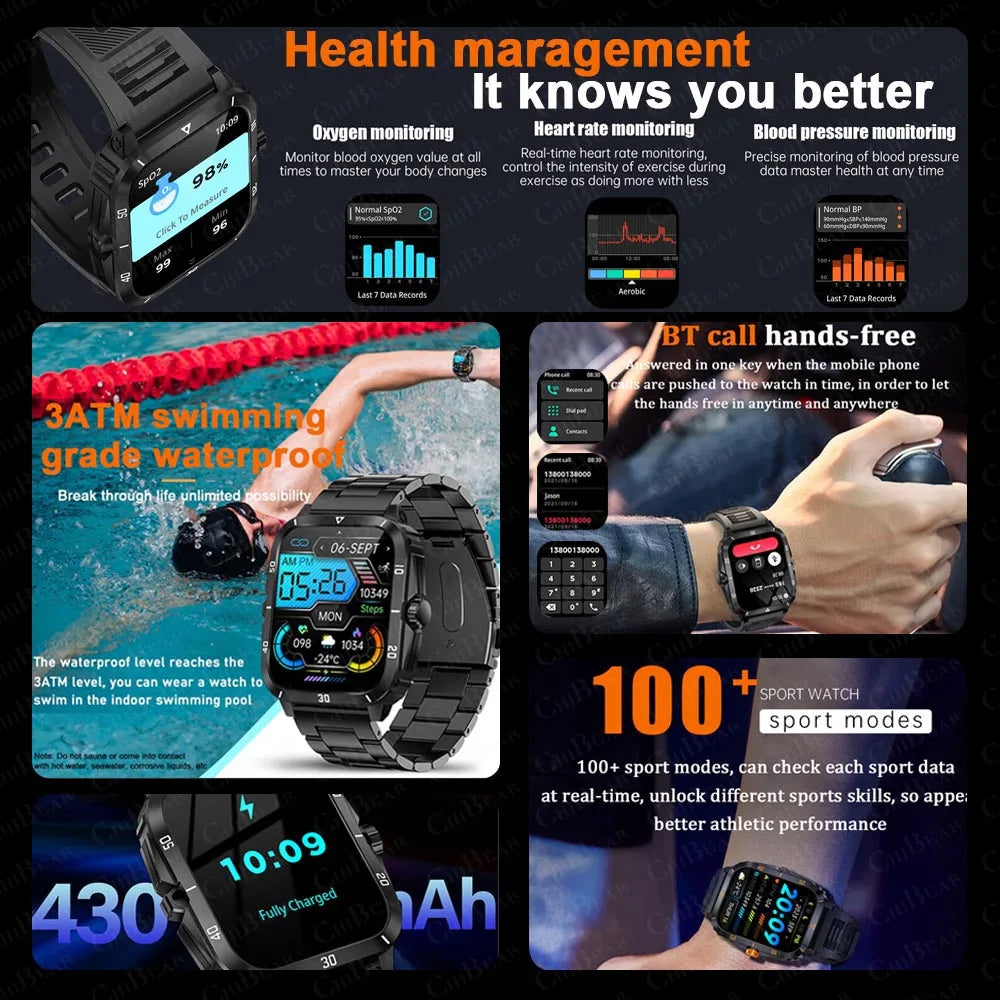 2024 New Outdoor Sports Smart Watch Men 430 mAh Battery 3ATM Waterproof Sports Watches 1.96 inch Bluetooth Call Smartwatch Man