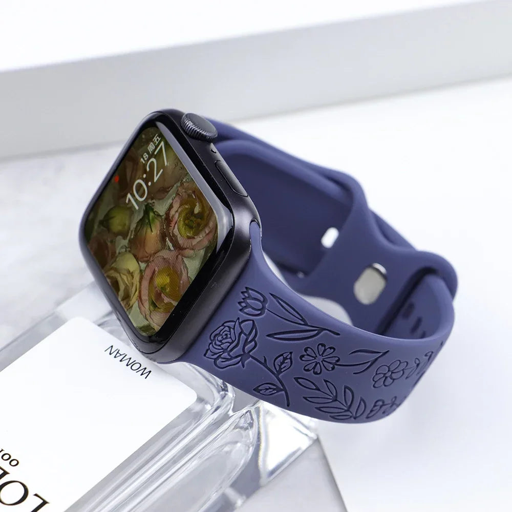 Fashion Engraved Strap for Apple Watch Ultra 2 Band 49mm 45mm 44mm 40 41mm Floral Silicone Bracelet IWatch Series 9/8/7/6/5/4/se