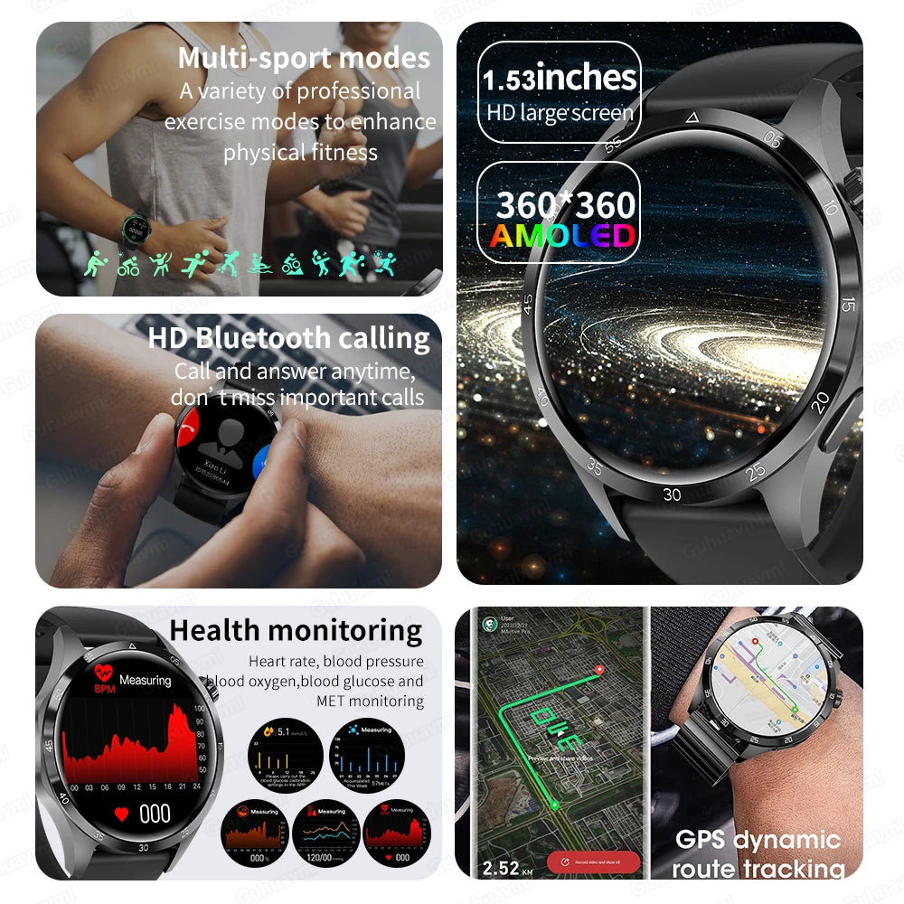 2024 New Smartwatch Mens AMOLED Screen Bluetooth Call GPS Sport NFC Health Monitor Smartwatch GT Plus Watch For Android IOS Man