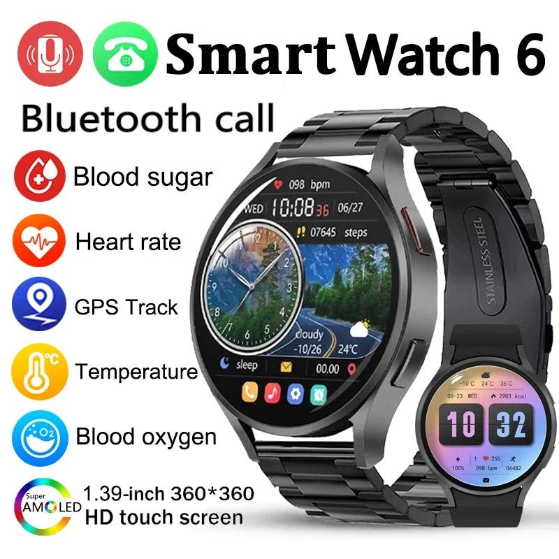 2024New GPS Track For Android IOS Smart Watch 6 Smart Watch Men Amoled Always Display Body Temperature Clock BT Talk Smart Watch