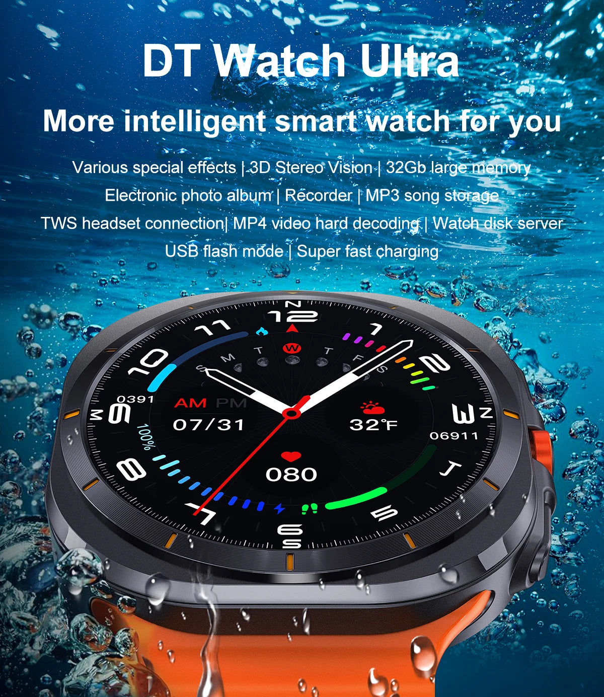 2024 DT Watch Ultra Smartwatch Man Woman 32GB Memory Compass Heart Rate Fitness Sport Smartwatch For ios Android Bluetooth Call