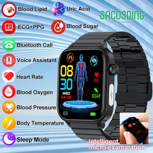 2024 New ECG+PPG Uric Acid Non-Invasive Blood Sugar Smartwatch Men Bluetooth Call Heart Rate Blood Pressure Smart Watch Women