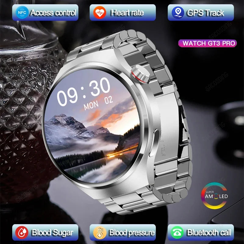 2024 New Fashion Smart Watch Mens IP68 NFC GPS Tracker AMOLED 360*360 HD Screen Heart Rate Monitor Bluetooth Call SmartWatch+Box