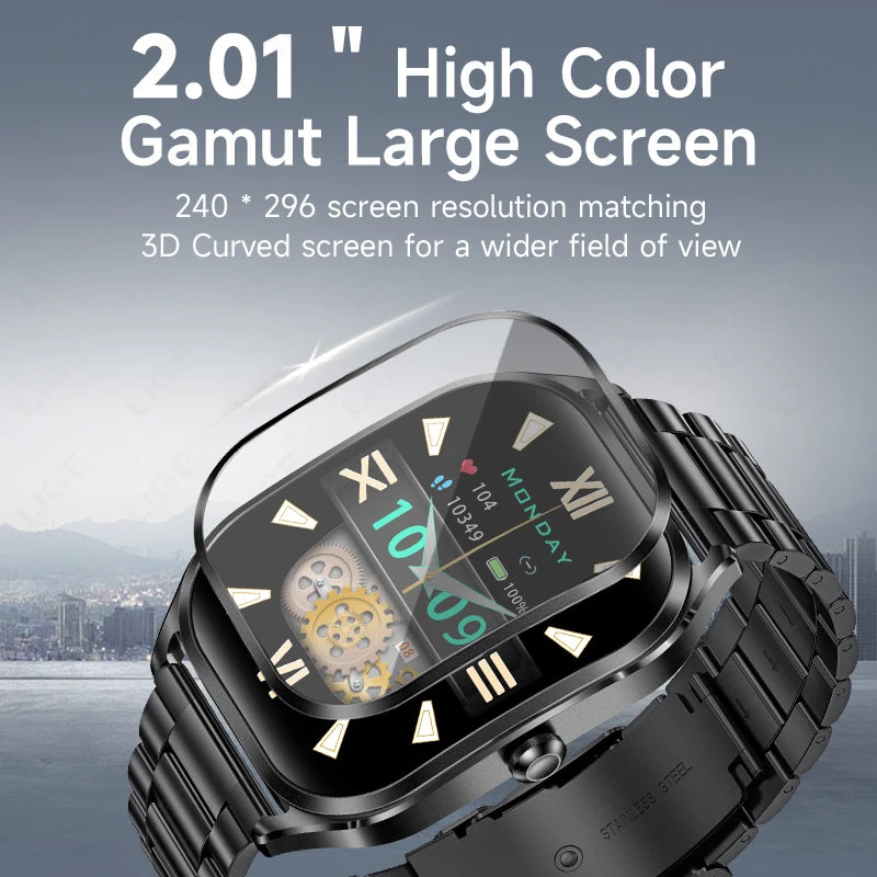 LIGE 2.01" 3D Curved Screen Smart Watch 2024 Smartwatch BT Call Sports Waterproof Bracelet Health Monitor Watches For Men Women