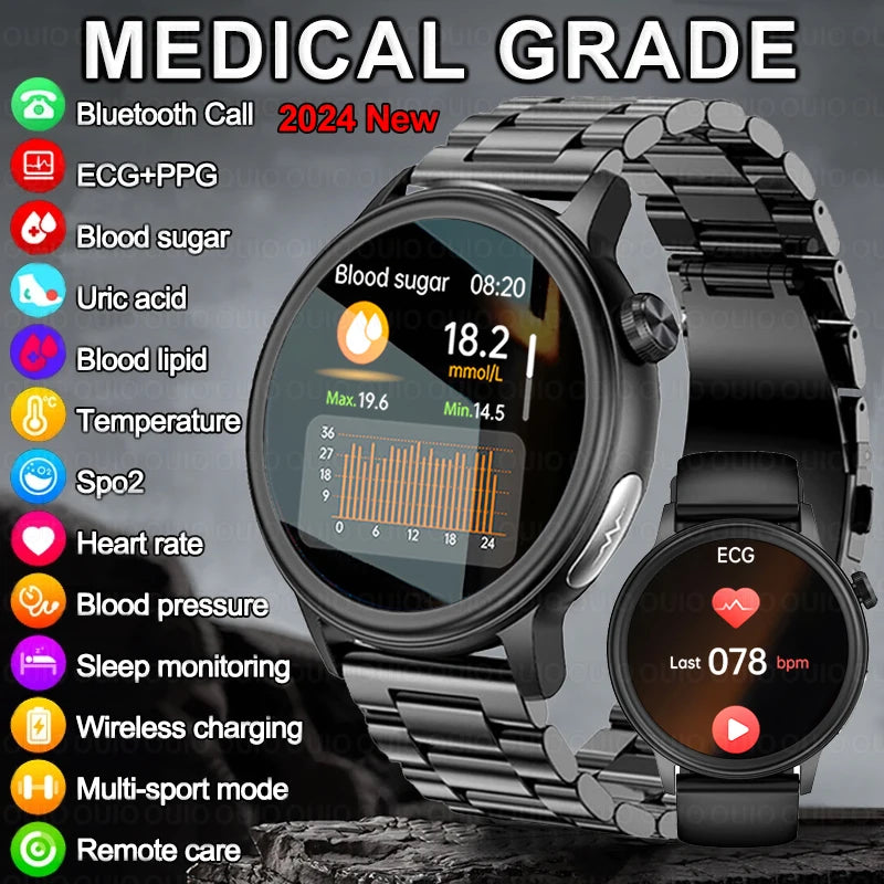 2024 Healthy Laser Treatment Men Heart Rate Smart Watch Blood Sugar Bluetooth Call Full Touch Screen Sports Fitness smartwatch