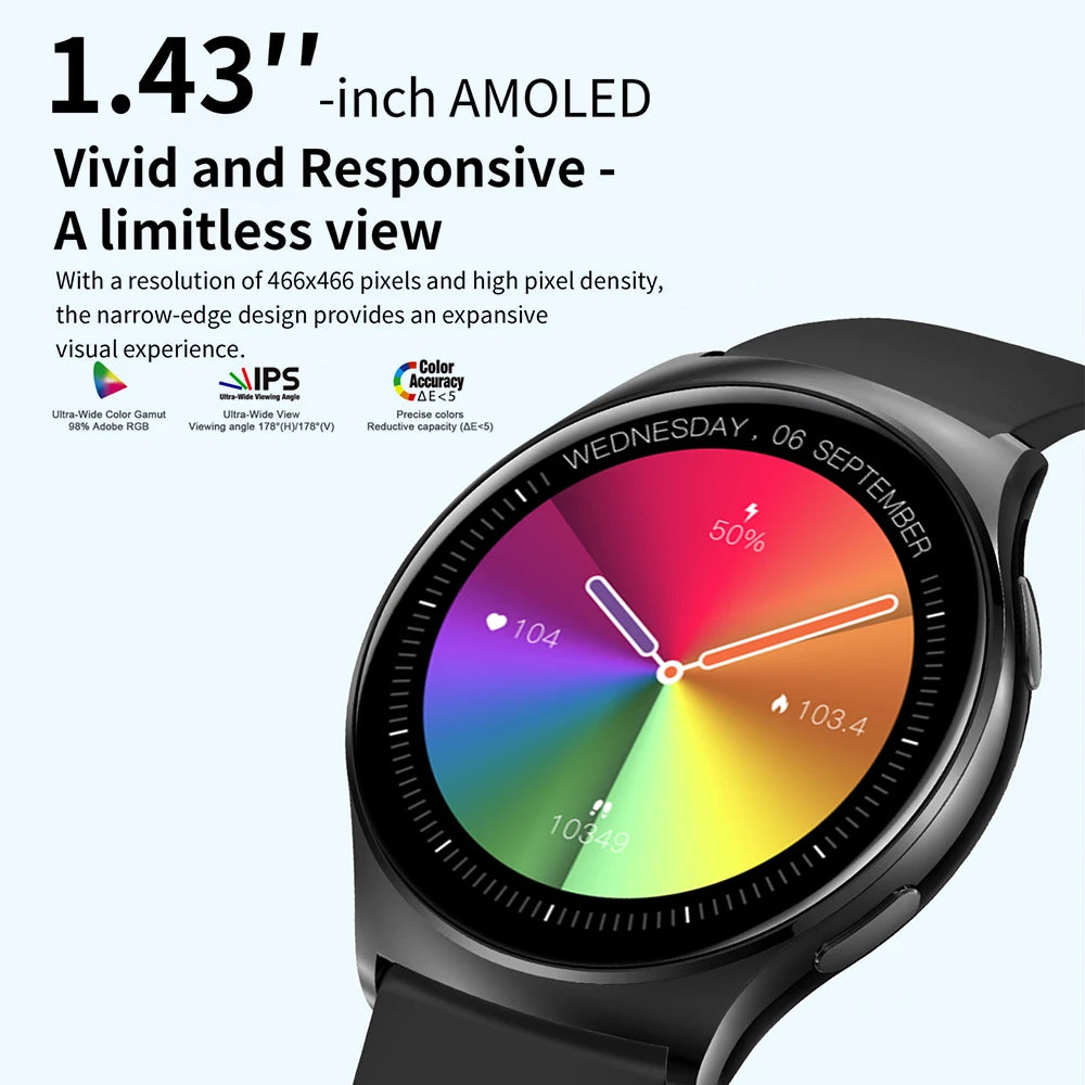 Men Women 1.43" AMOLED Screen Blue Tooth Call Smart Watch Heart Rate Waterproof 100+ Sport Modes Watches Music 2024 Smartwatch