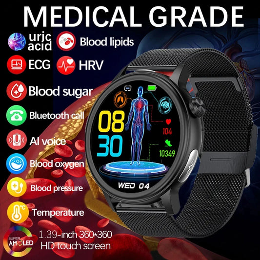 2024 New Healthy Blood Glucose Smart Watch Men Sports ECG+PPG Blood Pressure Body Temperature Monitor Bluetooth Call Smartwatch