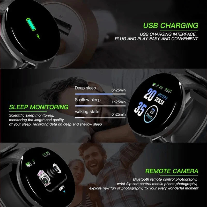 New D18 Smart Watch Men Women Smartwatch Heart Rate Blood Pressure Monitor Fitness Tracker Watch Smart Bracelet for Ios Android