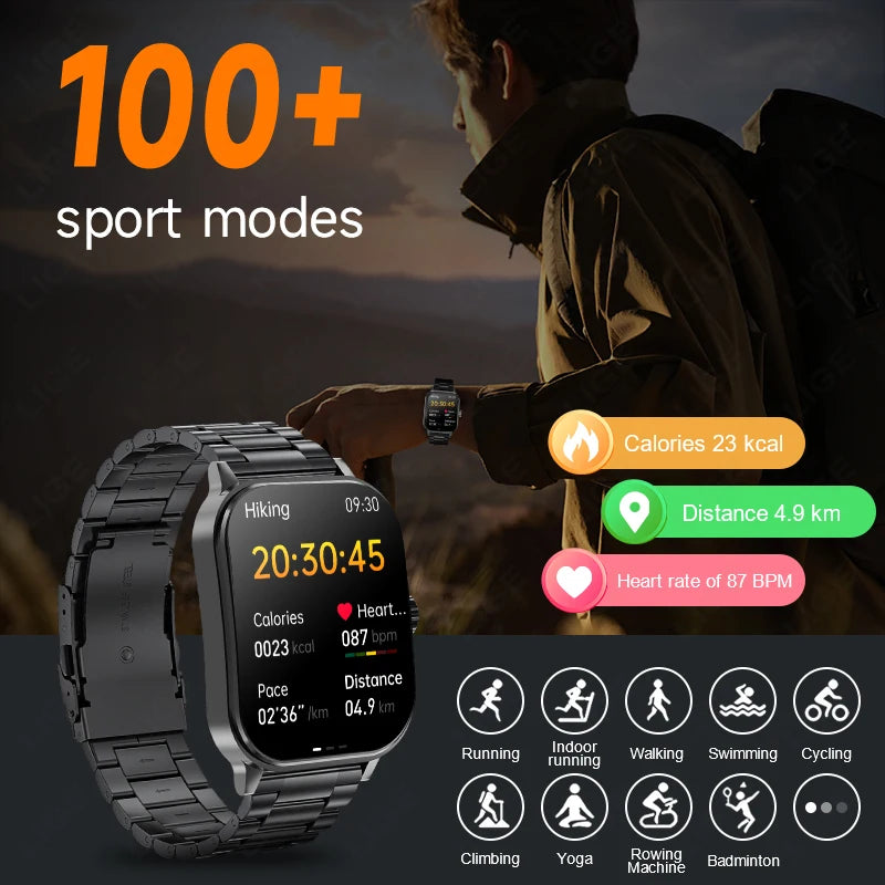 LIGE Smart Watches Men 2.1 inch 3D Screen Sports Bracelet Blood Oxygen Health Monitor Voice Assistant Waterproof Smartwatch 2024