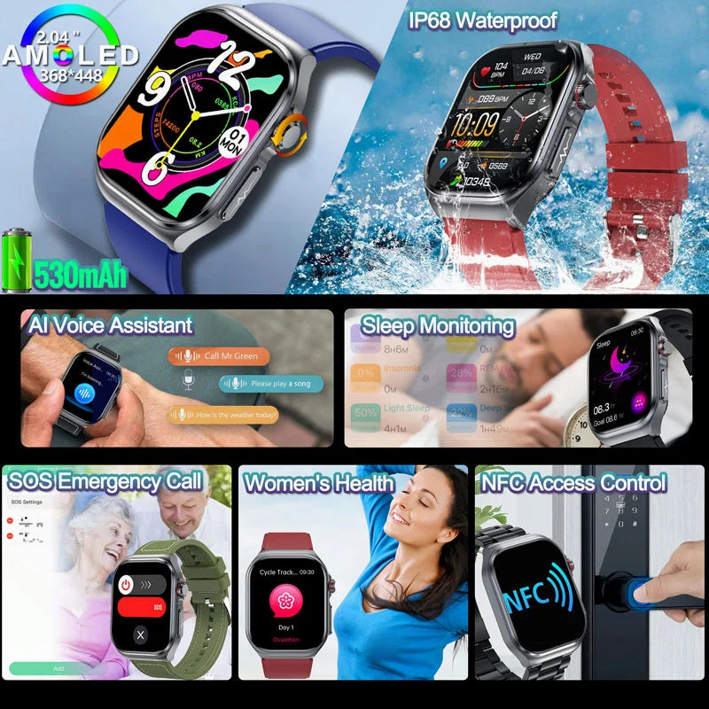 2024 New NFC Smart Watch Men Blood Sugar Lipid Uric Acid Watches 530mAh AMOLED Ecg Health Fitness Call Smartwatch for Women Ios