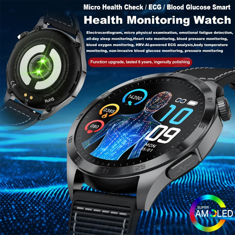 2024 New Blood Lipids Uric Acid Blood Glucose Smart Watch HD AMOLED Screen Men ECG+PPG Bluetooth Call Health tracker Smartwatchs