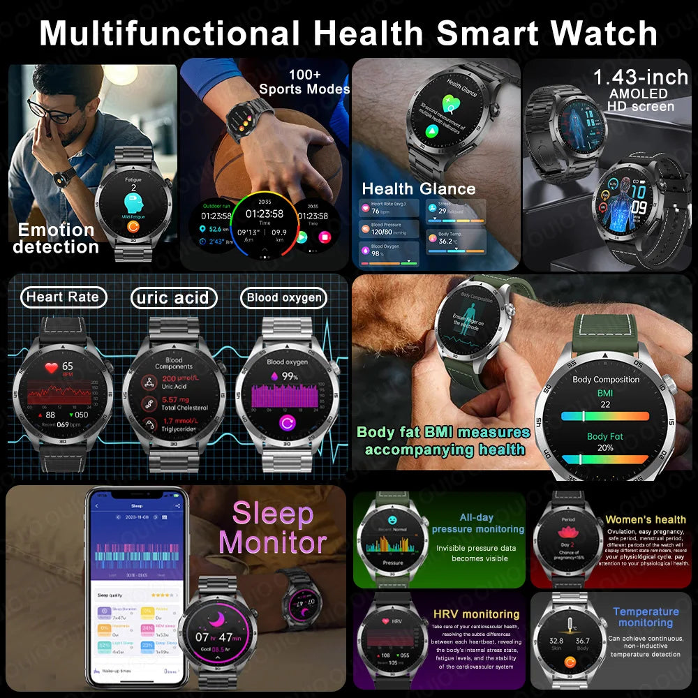 2024 New Blood Lipids Uric Acid Blood Glucose Smart Watch HD AMOLED Screen Men ECG+PPG Bluetooth Call Health tracker Smartwatchs