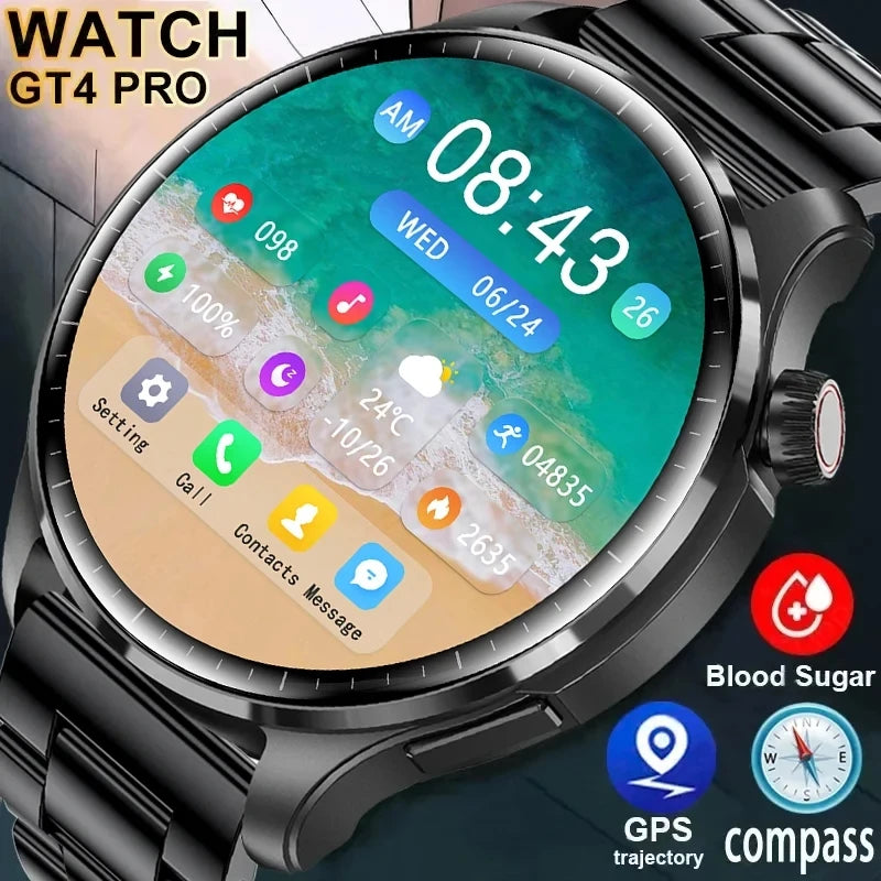 For Android 2024 New SmartWatch Men GPS Track Heart Rate AMOLED 360*360 HD Screen Blood Sugar BT Call IP68 Waterproof Smartwatch