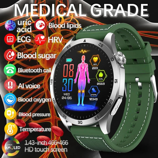 2024 New ECG+HRV Smart Watch 1.43'' AMOLED Blood Pressure Lipid Uric Acid Wristwatch SOS BT Call Temp Clock Men Sport smartwatch