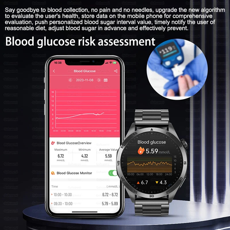 2024 New Micro Physical Examination Blood Lipids Uric Acid Blood Glucose Smart Watch ECG+PPG Clock Bluetooth Call Smartwatch Men