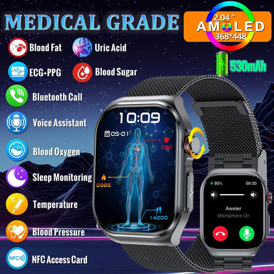 2024 New Smart Watch for Men Blood Glucose Watches Lipids Uric Acid Fitness Amoled 530mAh Clock Call Women Health Smartwatch Ecg