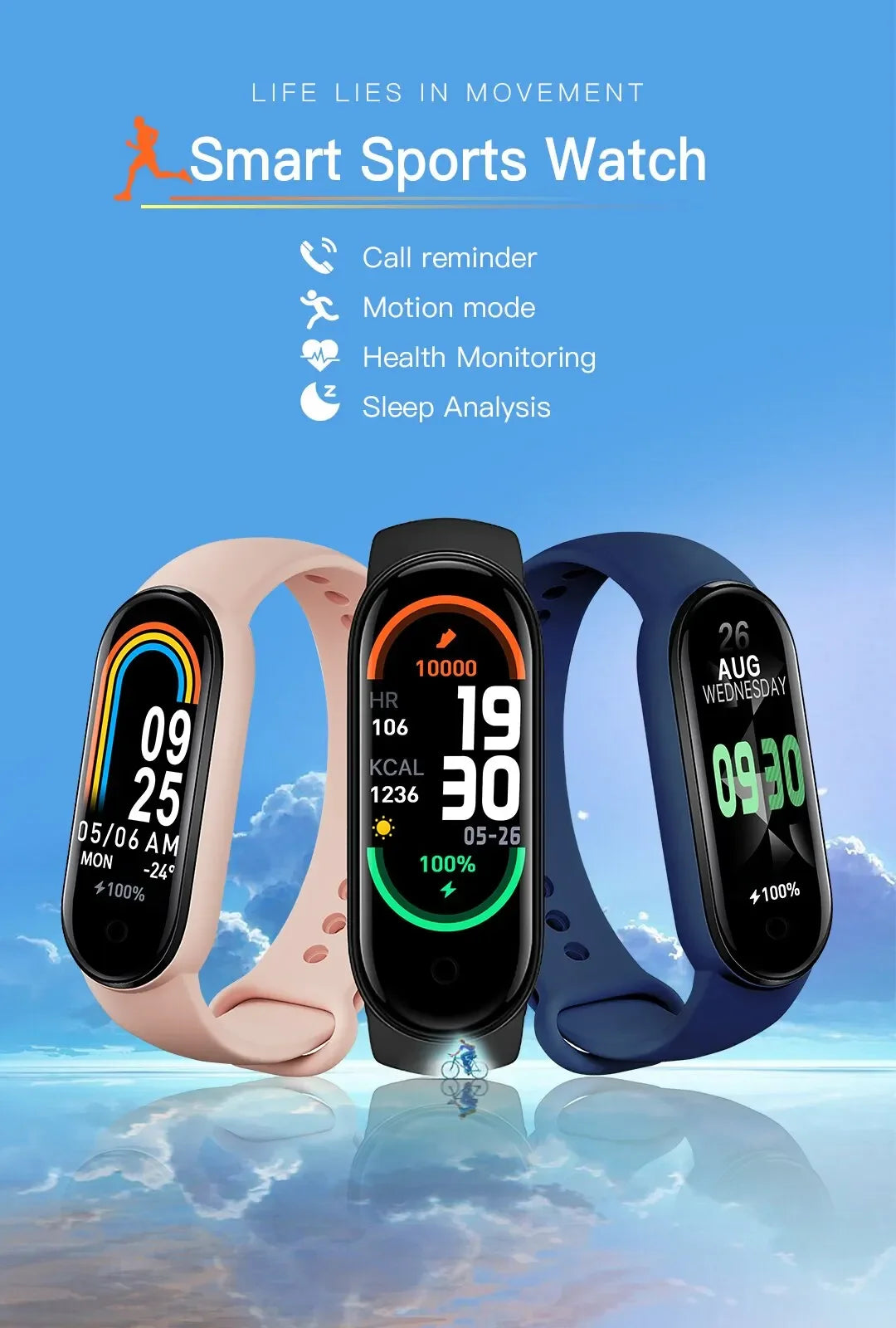 M6 Smart Bracelet Health Monitoring Bluetooth Link Men S and Women S Sports Pedometer Smart Watch For Apple Android