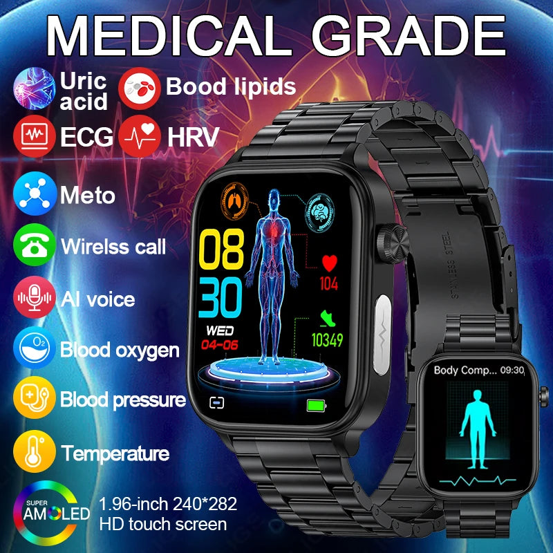 LIGE 2024 Smartwatch Medical Grade Blood Lipids Uric Acid ECG Health Monitor Bluetooth Call Body Temperature Men Smart Watches