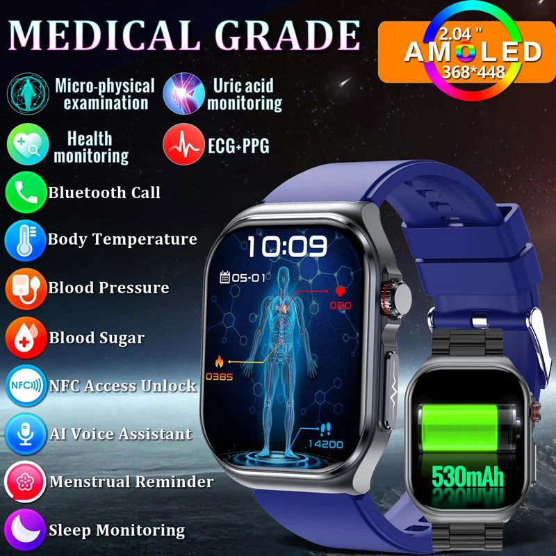 2024 New NFC Smart Watch Men Blood Sugar Lipid Uric Acid Watches 530mAh AMOLED Ecg Health Fitness Call Smartwatch for Women Ios