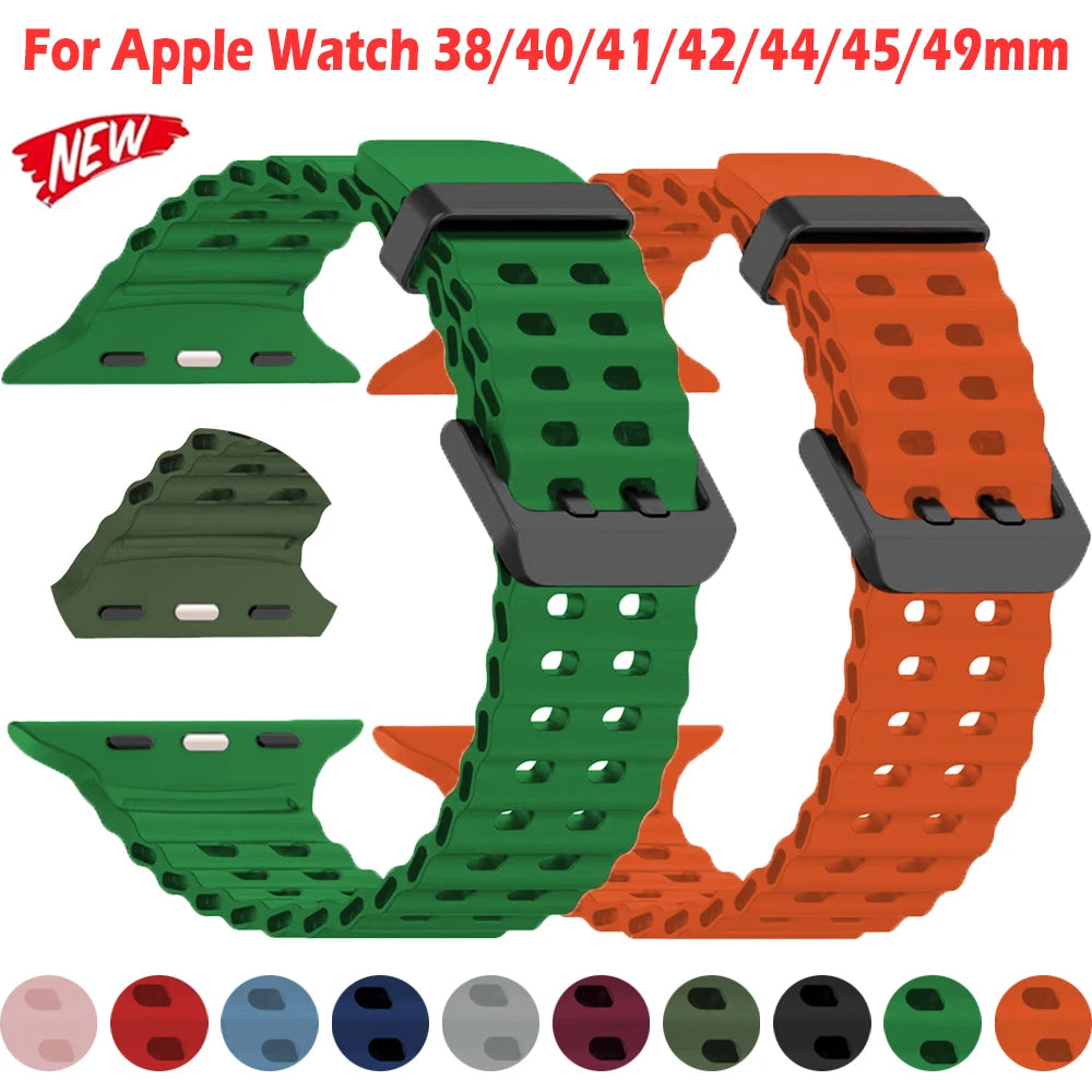 Ocean Silicone Strap For Apple Watch 42 45 Ultra 49mm Band Sport Breathable Bracelet For iWatch 9 8 5 2 4 1 SE 38 40mm Wristband