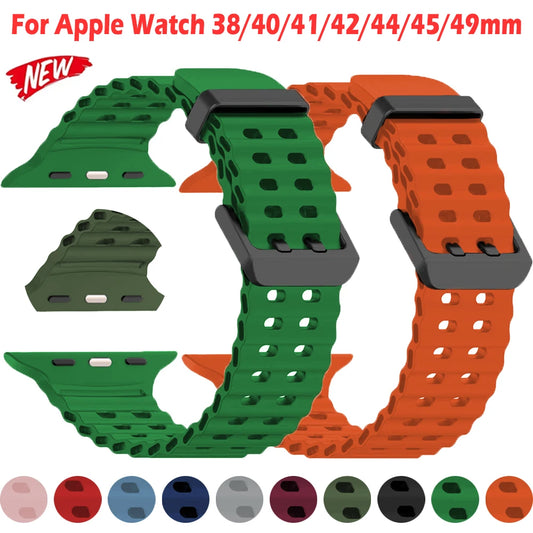 Ocean Silicone Strap For Apple Watch 42 45 Ultra 49mm Band Sport Breathable Bracelet For iWatch 9 8 5 2 4 1 SE 38 40mm Wristband