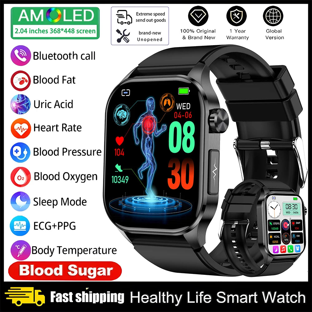 2024 AI Medical Diagnosis Blood Lipids Uric Acid Blood Glucose Smart Watch Men ECG+PPG Fitness Tracker Bluetooth Call smartwatch