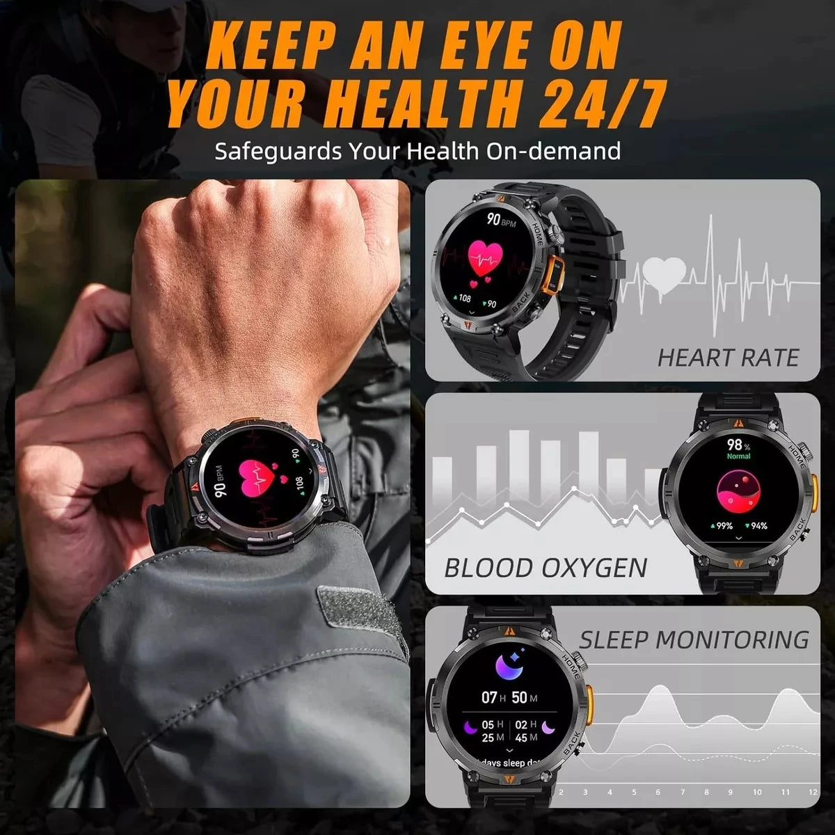 2024 New For Xiaomi Military Outdoor Sports SmartWatch Men LED Light Compass IP68 waterproof GPS Track Bluetooth Call SmartWatch