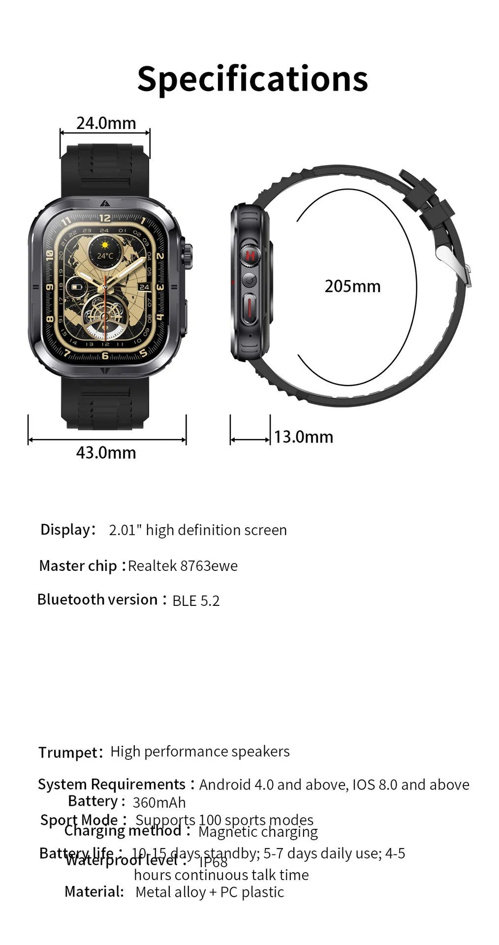 2024 Smart Watch Men Outdoor reloj hombre LED Flashlight 2.01 inch Bluetooth 5.2 Call Women Smartwatch 100+ Sports Modes Watches