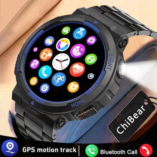 2024 New Rugged Military With LED Flashlight Smart Watch Men Heart Rate Bluetooth Call Waterproof Outdoor SmartWatch For HUAWEI